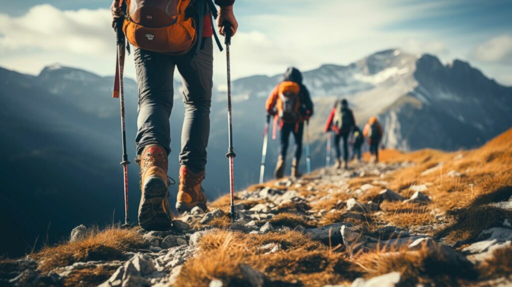 uomini in montagna con scarpe da trekking ai piedi