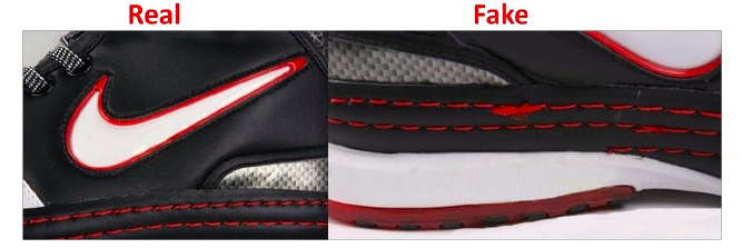 Cuciture di scarpe Nike originali e cuciture di un modello falso